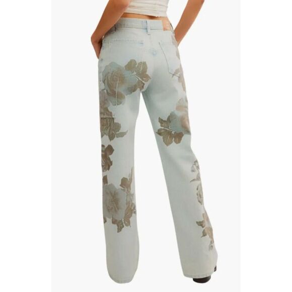 Free People Light Blue Floral Straight Leg Jeans - Picture 2 of 5